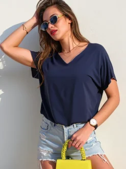 Royalfashion Wiskozowa bluzka damska z krótkim rękawem i brokatowym wykończeniem