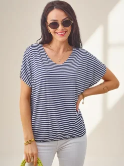 Royalfashion Wiskozowa bluzka damska w paski z krótkim rękawem i brokatowym wykończeniem