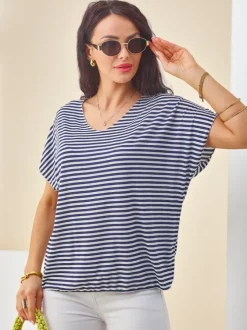 Royalfashion Wiskozowa bluzka damska w paski z krótkim rękawem i brokatowym wykończeniem