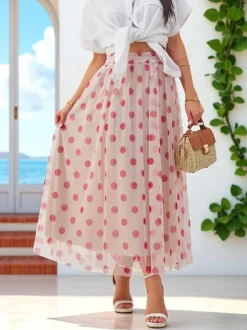 Royalfashion Wiskozowa damska spódnica midi z tiulem w kropeczki