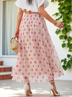 Royalfashion Wiskozowa damska spódnica midi z tiulem w kropeczki