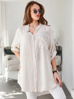 Royalfashion Wiskozowa długa damska koszula w paski