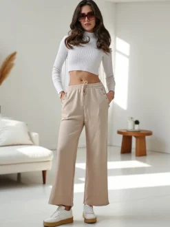 Royalfashion Wiskozowe szerokie spodnie damskie dresowe z cyrkoniami