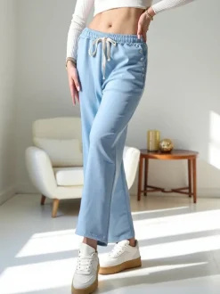 Royalfashion Wiskozowe szerokie spodnie damskie dresowe z cyrkoniami