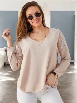 Royalfashion Wiskozowy cienki damski sweterek z cyrkoniami na ramionach