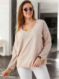 Royalfashion Wiskozowy cienki damski sweterek z cyrkoniami na ramionach