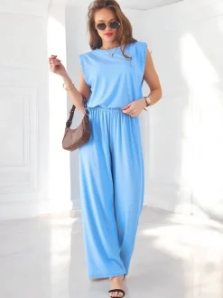 Royalfashion Wiskozowy damski komplet prążkowany, bez rękaw i z poszerzanymi spodniami