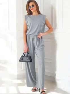 Royalfashion Wiskozowy damski komplet prążkowany, bez rękaw i z poszerzanymi spodniami