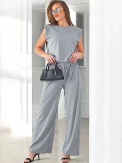 Royalfashion Wiskozowy damski komplet prążkowany, bez rękaw i z poszerzanymi spodniami