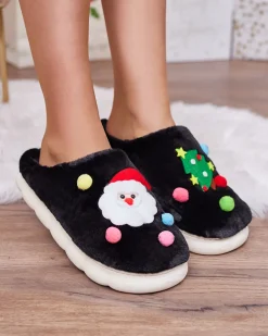 Royalfashion Świąteczne damskie kapcie w kolorze czarnym Fertemse