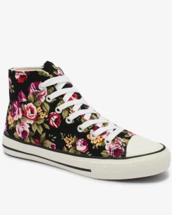 Royalfashion Wysokie czarne trampki damskie we wzór w kwiaty Soxic
