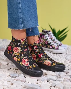 Royalfashion Wysokie czarne trampki damskie z printem w kwiaty Fahenna