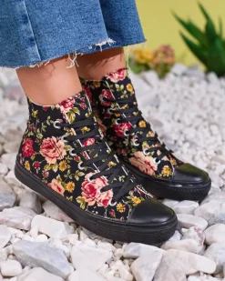 Royalfashion Wysokie czarne trampki damskie z printem w kwiaty Fahenna