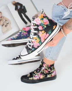 Royalfashion Wysokie grafitowe trampki damskie z nadrukiem w kolorowe kwiaty Fahenna