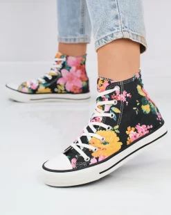 Royalfashion Wysokie grafitowe trampki damskie z nadrukiem w kolorowe kwiaty Fahenna