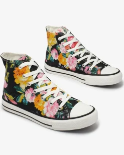 Royalfashion Wysokie grafitowe trampki damskie z nadrukiem w kolorowe kwiaty Fahenna