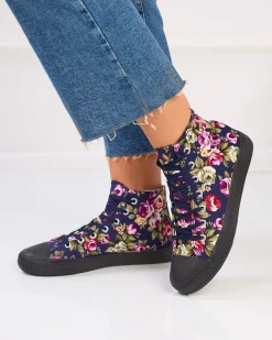 Royalfashion Wysokie granatowe trampki damskie w kolorowe kwiaty Soxic