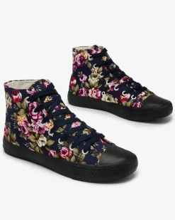 Royalfashion Wysokie granatowe trampki damskie w kolorowe kwiaty Soxic