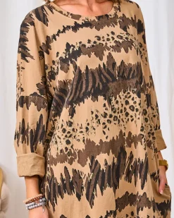 Royalfashion Wzorzysta damska tunika w kolorze jasnobrązowym