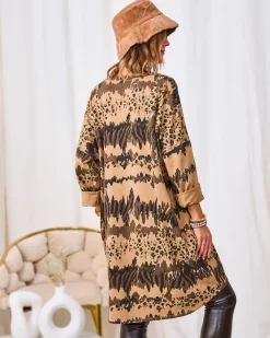 Royalfashion Wzorzysta damska tunika w kolorze jasnobrązowym