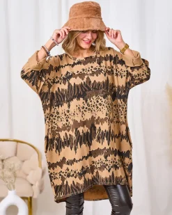 Royalfashion Wzorzysta damska tunika w kolorze jasnobrązowym