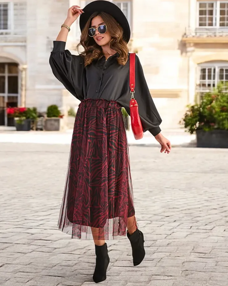 Royalfashion Wzorzysta damska spódnica midi z tiulem