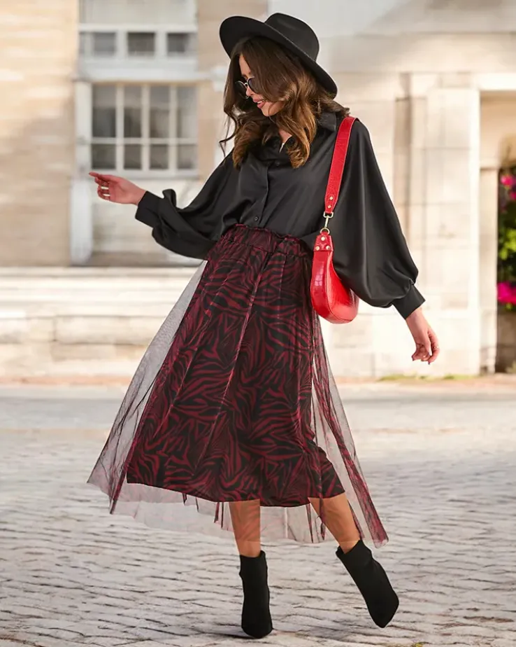 Royalfashion Wzorzysta damska spódnica midi z tiulem