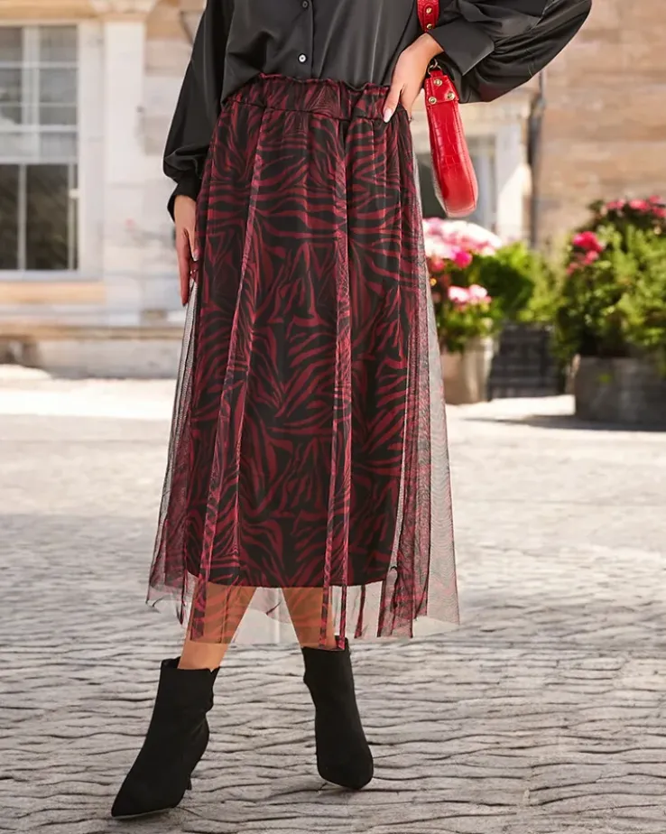 Royalfashion Wzorzysta damska spódnica midi z tiulem