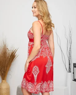 Royalfashion Wzorzysta damska krótka sukienka w kolorze czerwonym