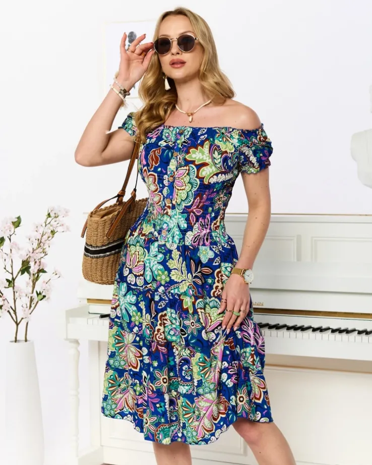 Royalfashion Wzorzysta kobaltowa krótka sukienka damska