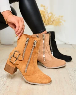 Royalfashion Zdobione botki na obcasie w kolorze camel Zerta