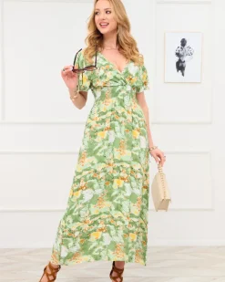 Royalfashion Zielona damska długa sukienka z modnym wzorem