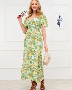 Royalfashion Zielona damska długa sukienka z modnym wzorem
