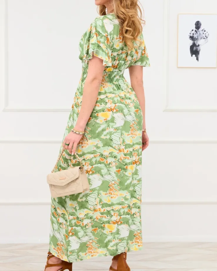 Royalfashion Zielona damska długa sukienka z modnym wzorem