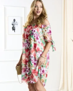 Royalfashion Zielona damska sukienka a'la hiszpanka z kolorowymi kwiatami