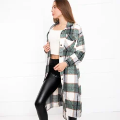 Royalfashion Zielona długa koszula damska w kratę