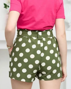 Royalfashion Zielone damskie materiałowe krótkie spodenki w groszki