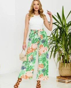 Royalfashion Zielone damskie spodnie palazzo z roślinnym wzorem