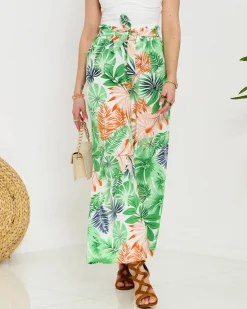 Royalfashion Zielone damskie spodnie palazzo z roślinnym wzorem