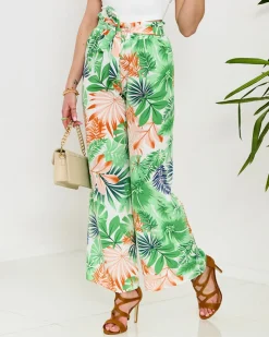 Royalfashion Zielone damskie spodnie palazzo z roślinnym wzorem