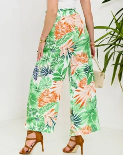 Royalfashion Zielone damskie spodnie palazzo z roślinnym wzorem