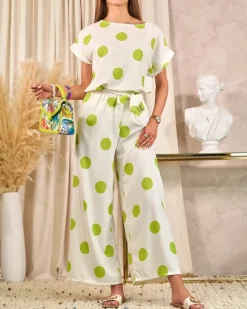 Royalfashion Zielono - biały damski komplet w groszki