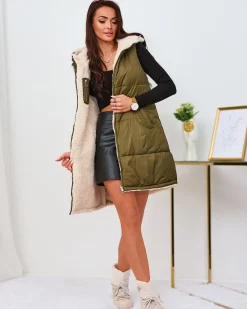 Royalfashion Zielono-kremowa długa dwustronna kamizelka damska