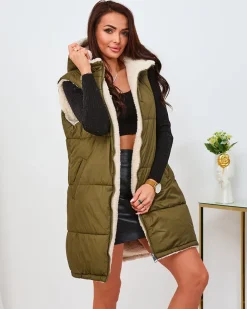 Royalfashion Zielono-kremowa długa dwustronna kamizelka damska