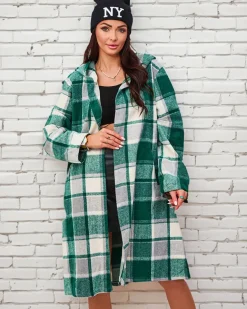 Royalfashion Zielony damski płaszcz w kratę