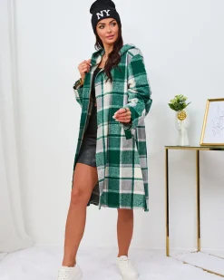 Royalfashion Zielony damski płaszcz w kratę