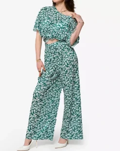 Royalfashion Zielony damski plisowany komplet w kwiatki