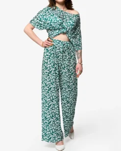 Royalfashion Zielony damski plisowany komplet w kwiatki