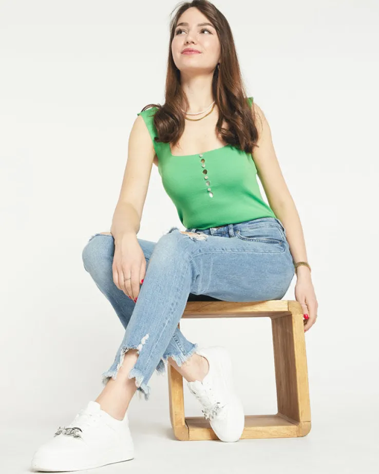 Royalfashion Zielony damski top z cyrkoniami a'la guziki