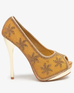 Royalfashion Złote brokatowe damskie szpilki z cyrkoniami Yilla